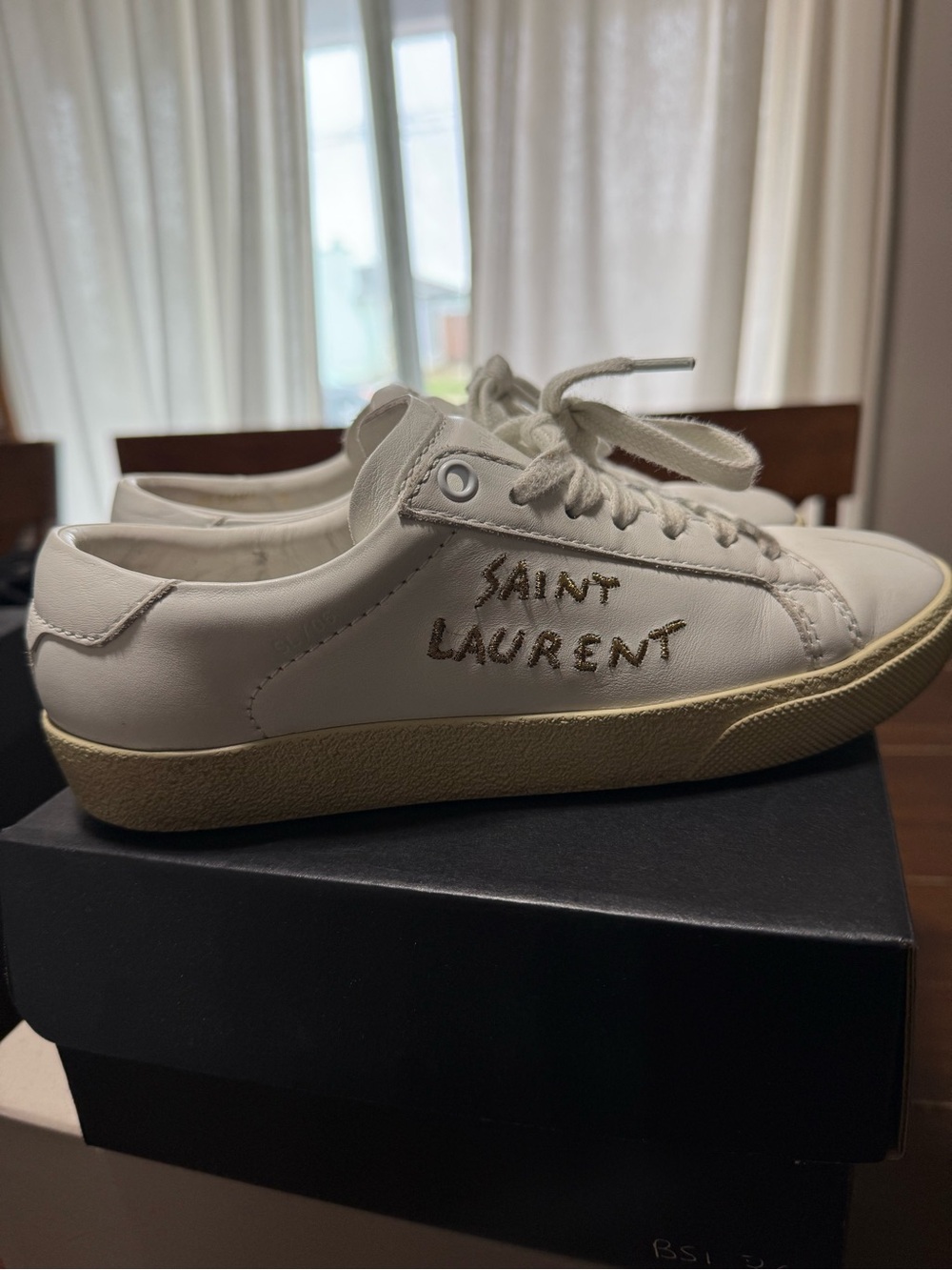 Saint Laurent White Leather Court Classic Sneakers with Beige Sole and Gold Logo